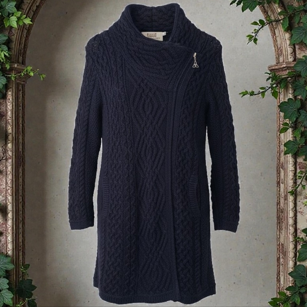 Authentic Aran Sweater Market 100% Merino Wool Navy Coatigan Made In Ireland